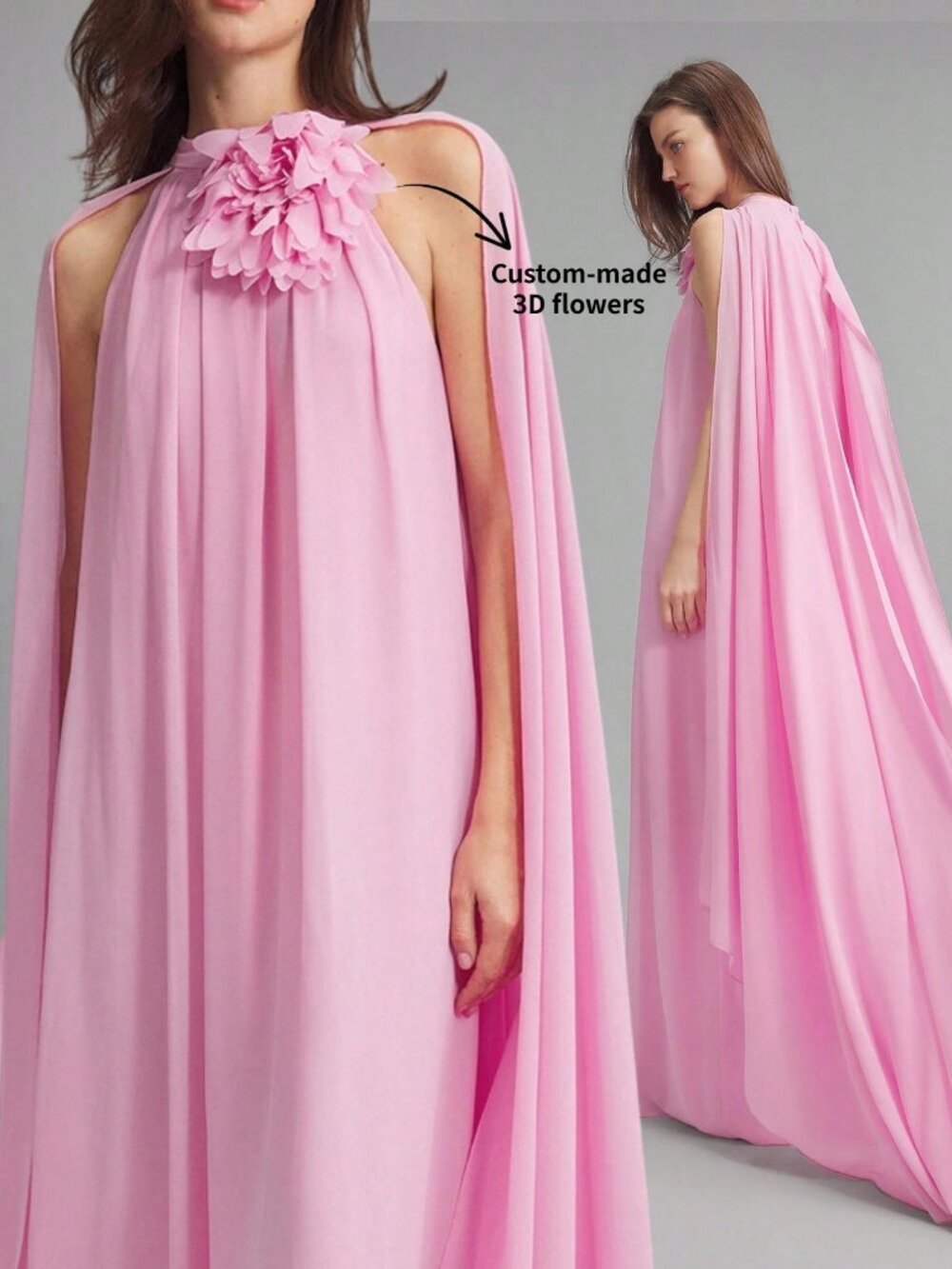 Pink Party Women's 3d Floral Design Chiffon drapey Maxi dress - Picture 5 of 8